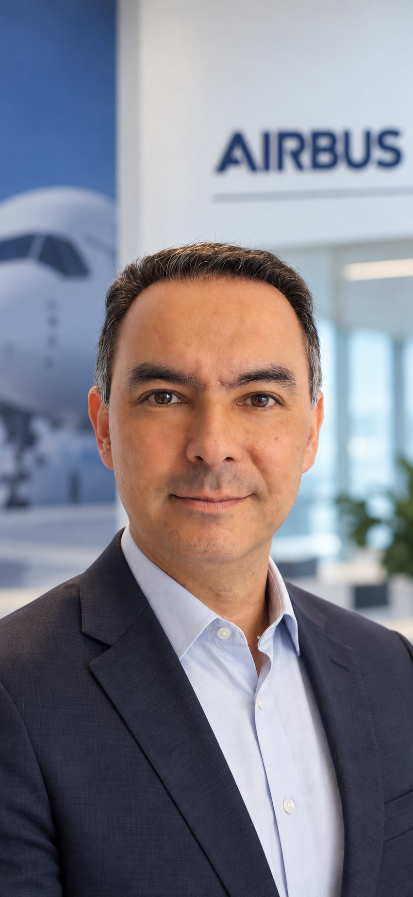 Lauro Nishiura de terno, com a marca Airbus e uma aeronave ao fundo